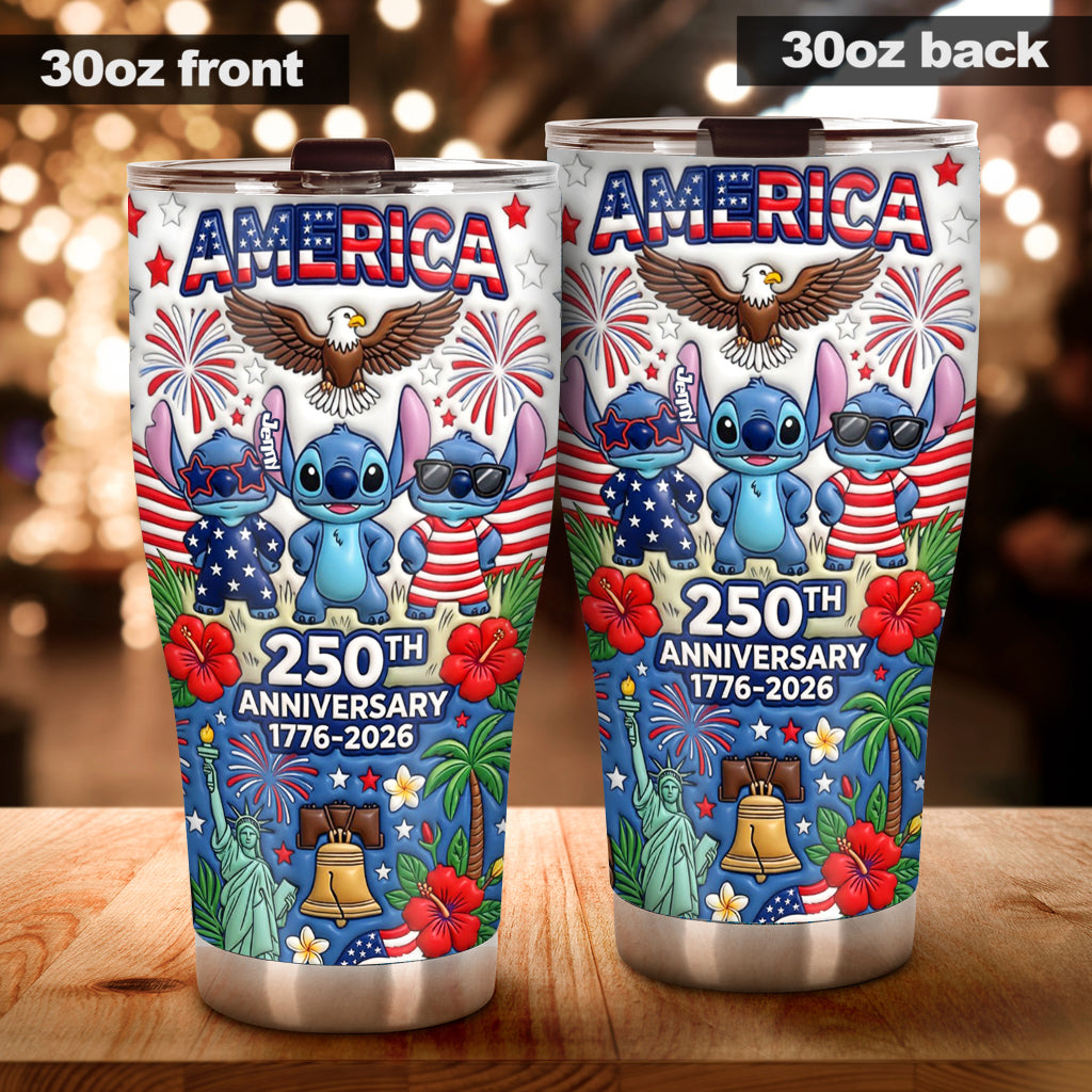Cute Blue Alien Cartoon USA 250th Anniversary - Personalized Ohana Tumbler With Gift Box