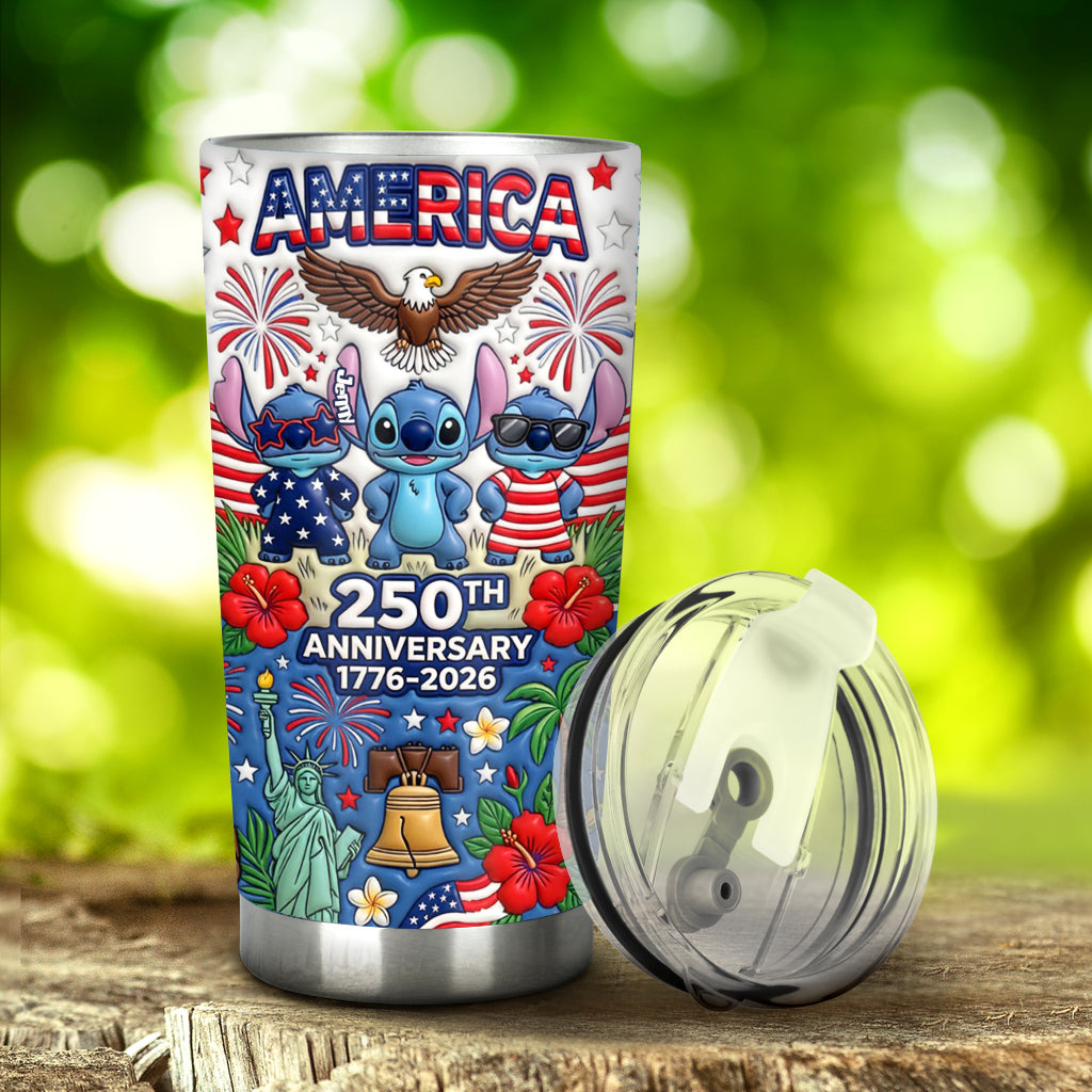 Cute Blue Alien Cartoon USA 250th Anniversary - Personalized Ohana Tumbler With Gift Box