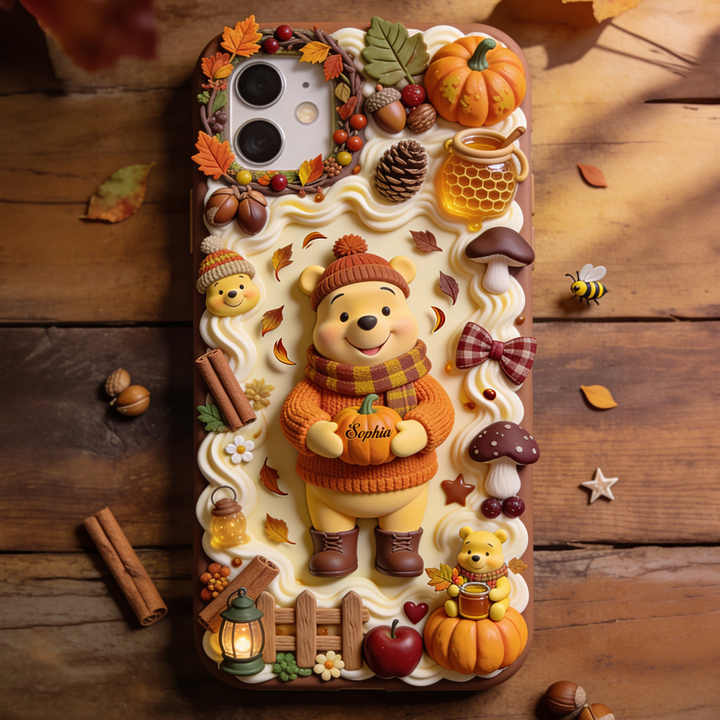 Cozy Vibe Cute Bear - Personalized Yellow Bear 3D Embossed Leather Phone Case