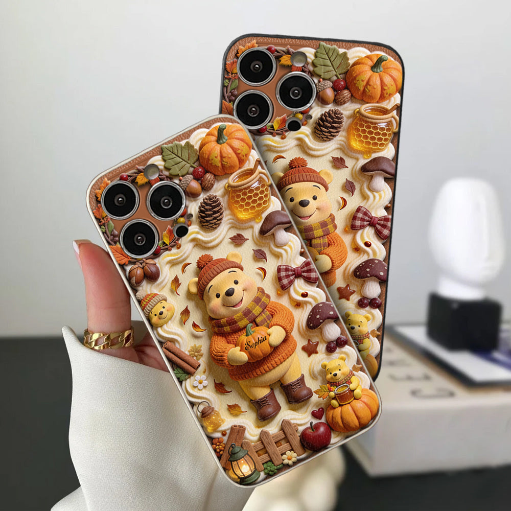 Cozy Vibe Cute Bear - Personalized Yellow Bear 3D Embossed Leather Phone Case