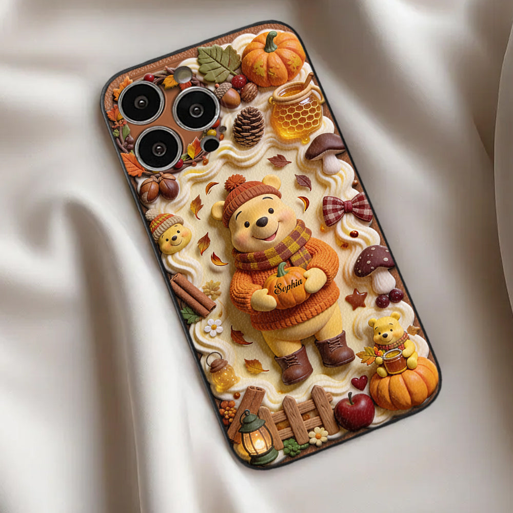 Cozy Vibe Cute Bear - Personalized Yellow Bear 3D Embossed Leather Phone Case