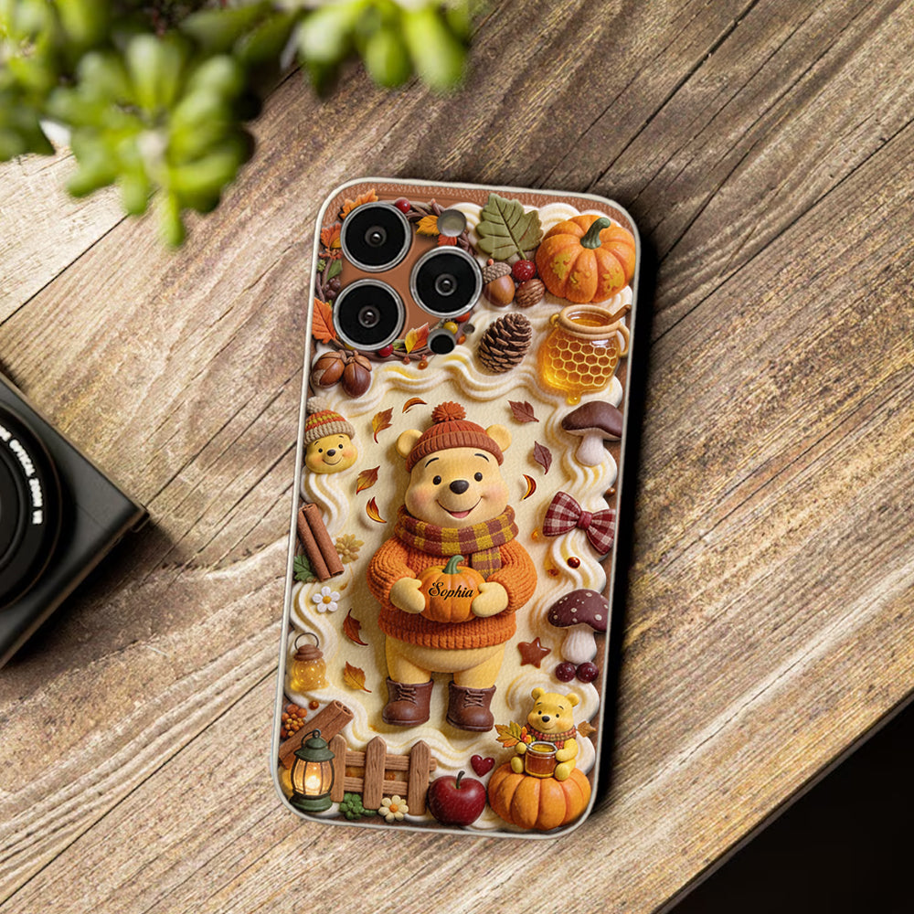 Cozy Vibe Cute Bear - Personalized Yellow Bear 3D Embossed Leather Phone Case