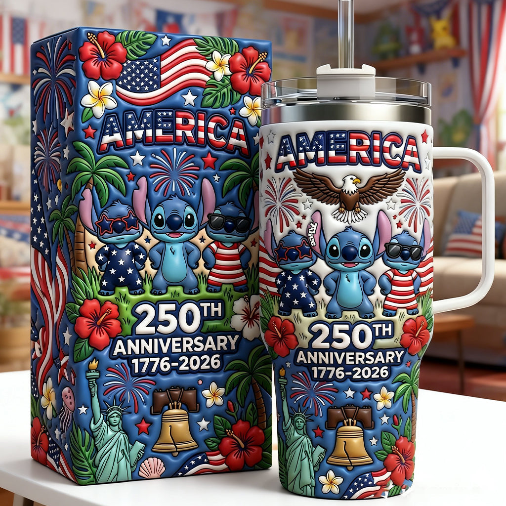 Cute Blue Alien USA 250th Anniversary - Personalized Ohana Tumbler With Handle