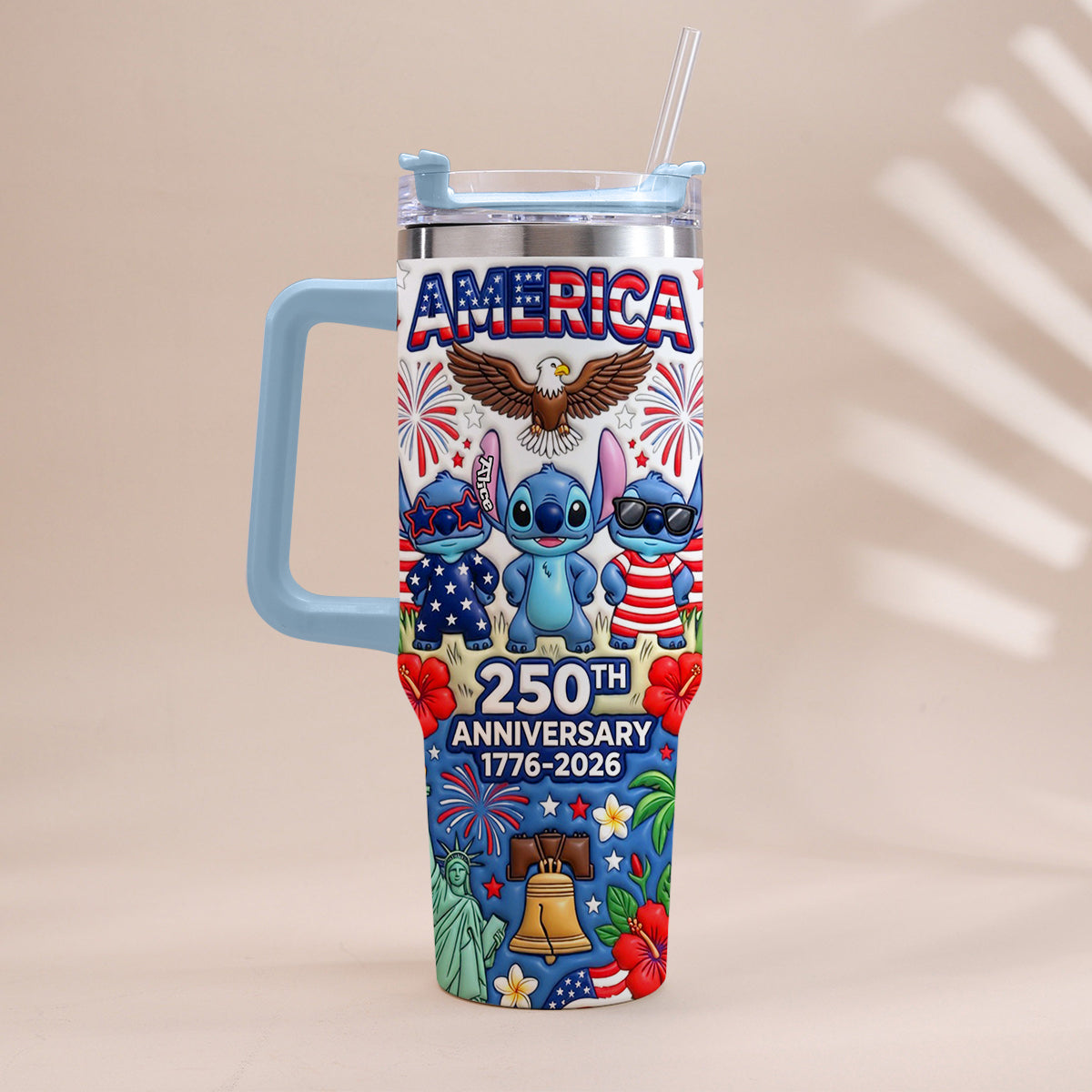 Cute Blue Alien USA 250th Anniversary - Personalized Ohana Tumbler With Handle