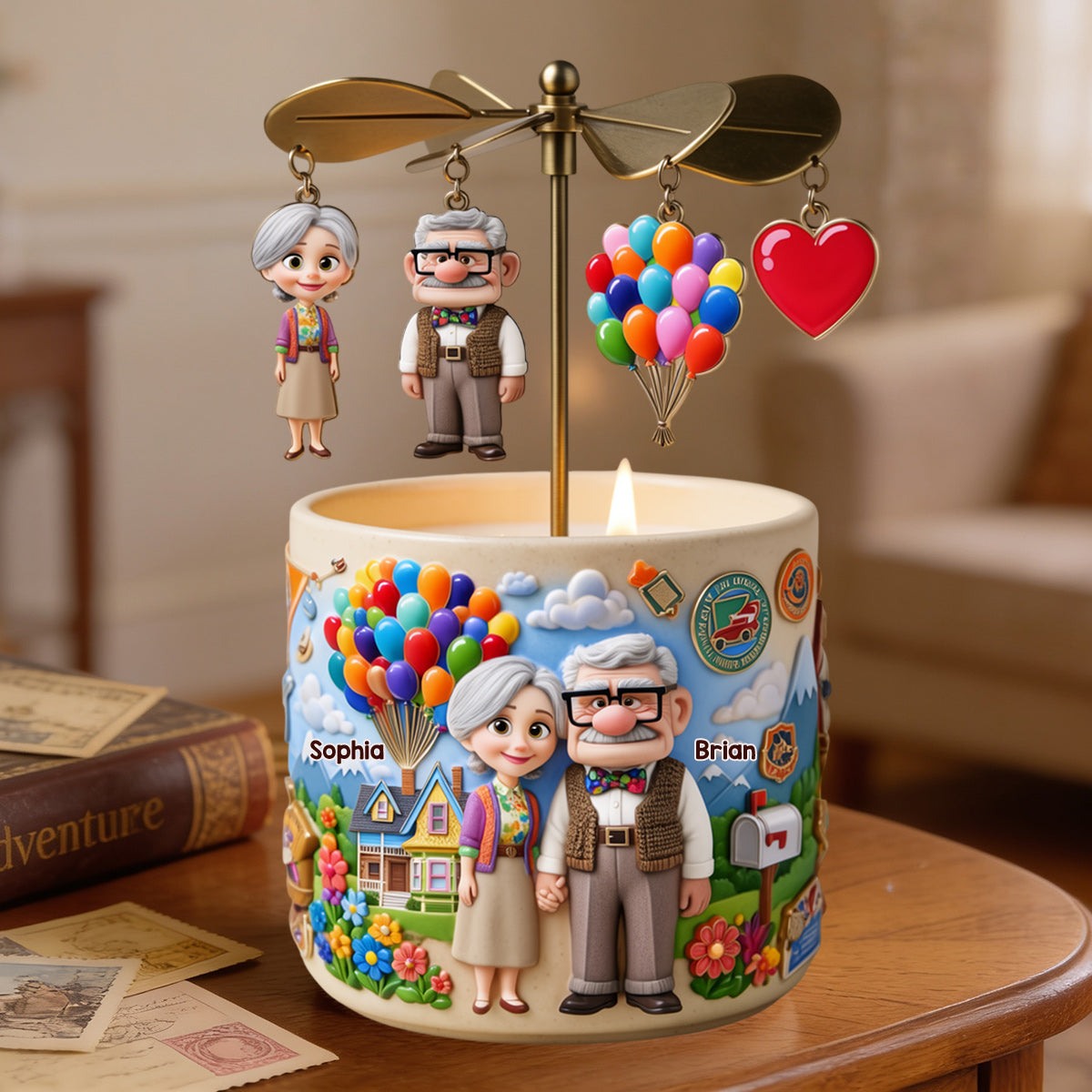 Where Love Glows, Adventure Grows - Personalized Up Movie Couple Spinning Candle Holder