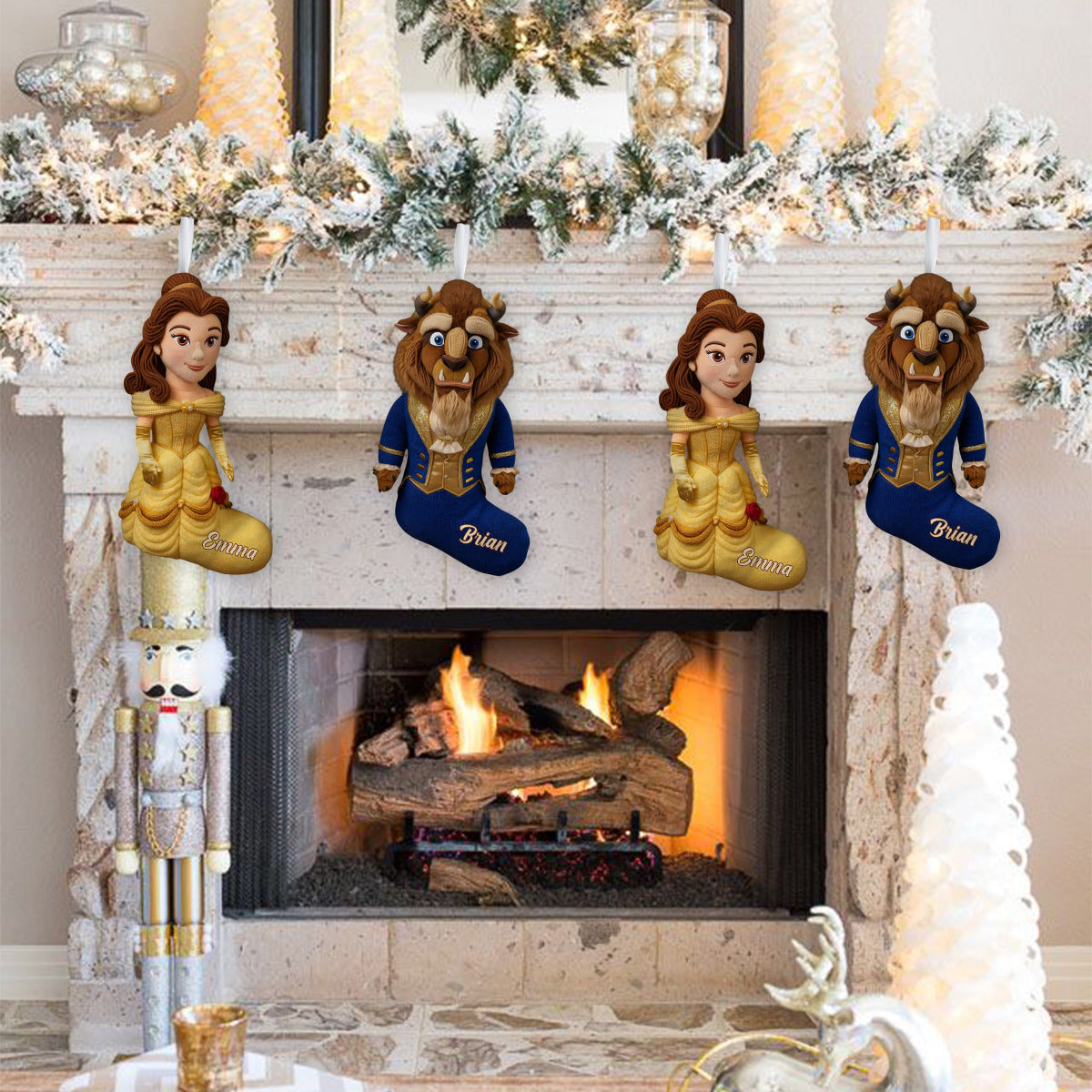 Funny Couple Christmas Hanging Socks - Personalized Beauty And The Beast Shaped Christmas Stocking