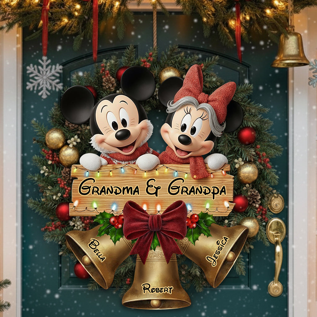 Christmas Bells Wood Sign For Grandparents - Personalized Mouse Custom Shaped Wood Sign