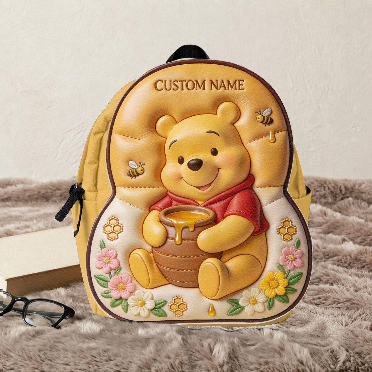 Bear, Honey And Flower - Personalized Yellow Bear Changeable Leather Patch Backpack