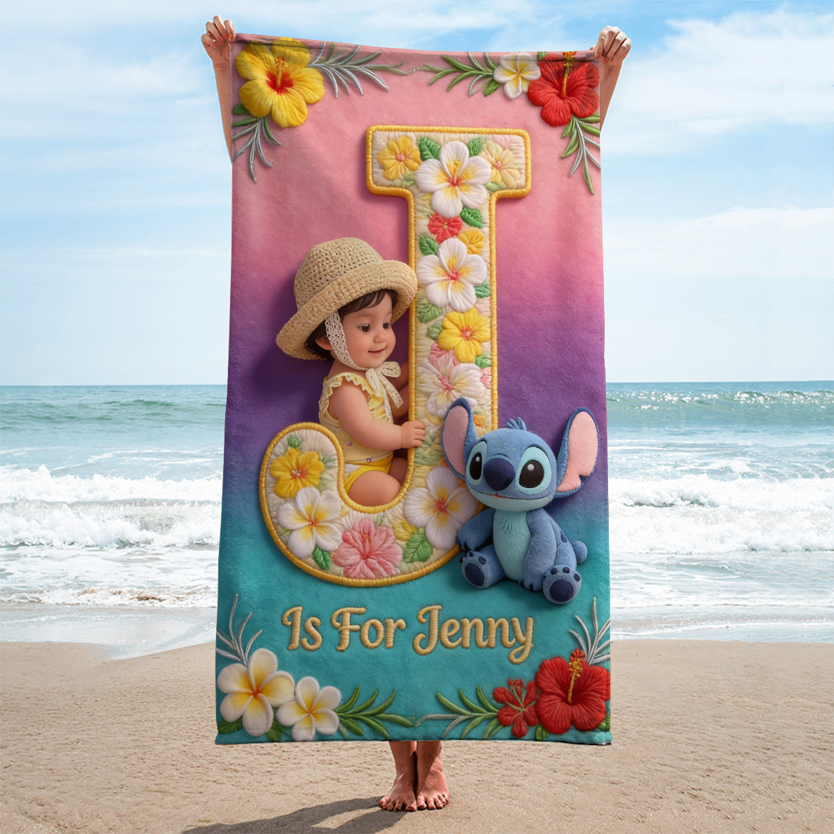 Custom Alphabet And Photo - Personalized Ohana Quick-dry Beach Towel/ Bath Towel
