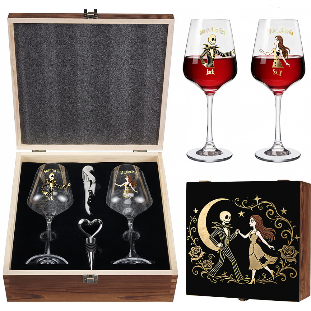 From Our First Kiss Til Our Last Breath - Personalized Nightmare Wine Glasses Set With Wooden Box