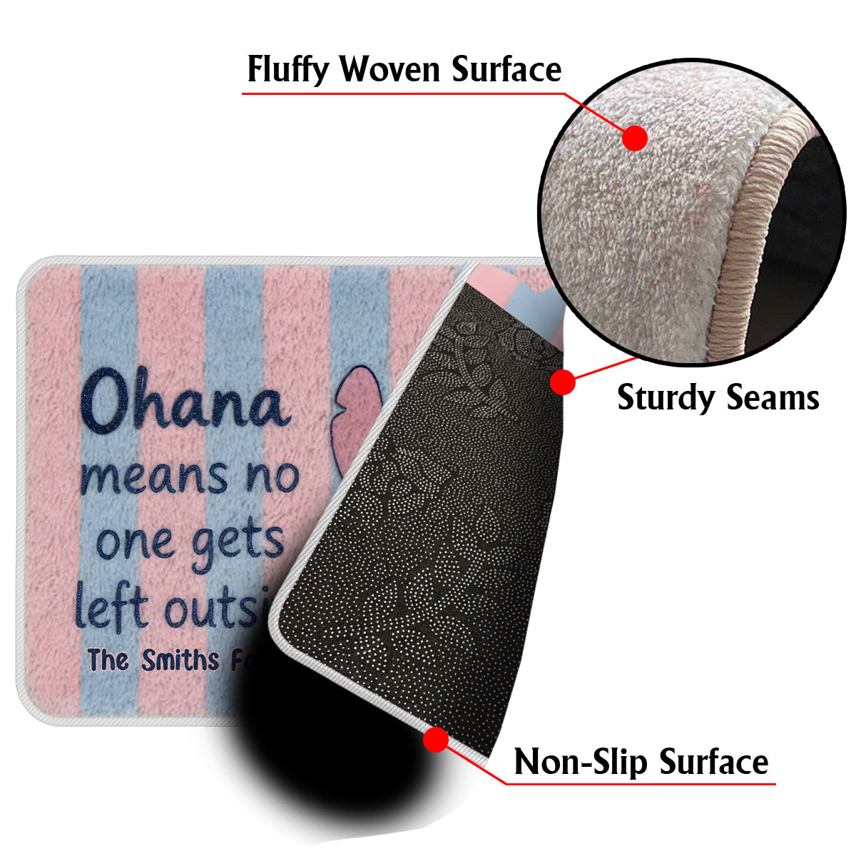 No One Gets Left Outside Pastel Pink Blue Stripes - Personalized Ohana Non-Slip Tufted Rug