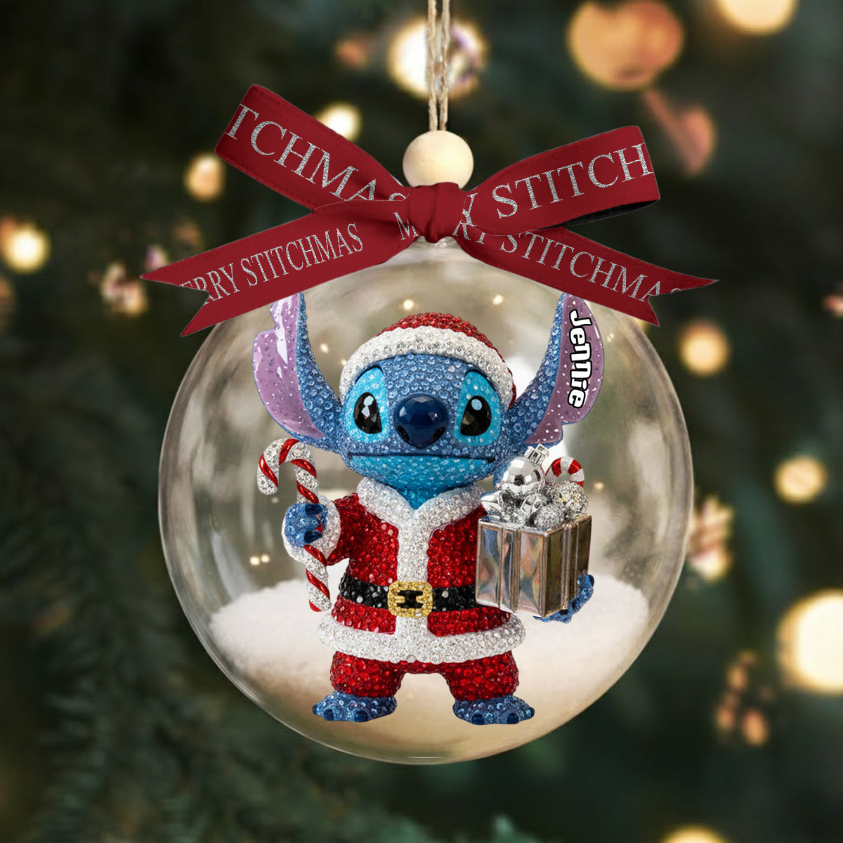 Blue Ohana - Personalized Ohana Snow Globe Ornament With Bow