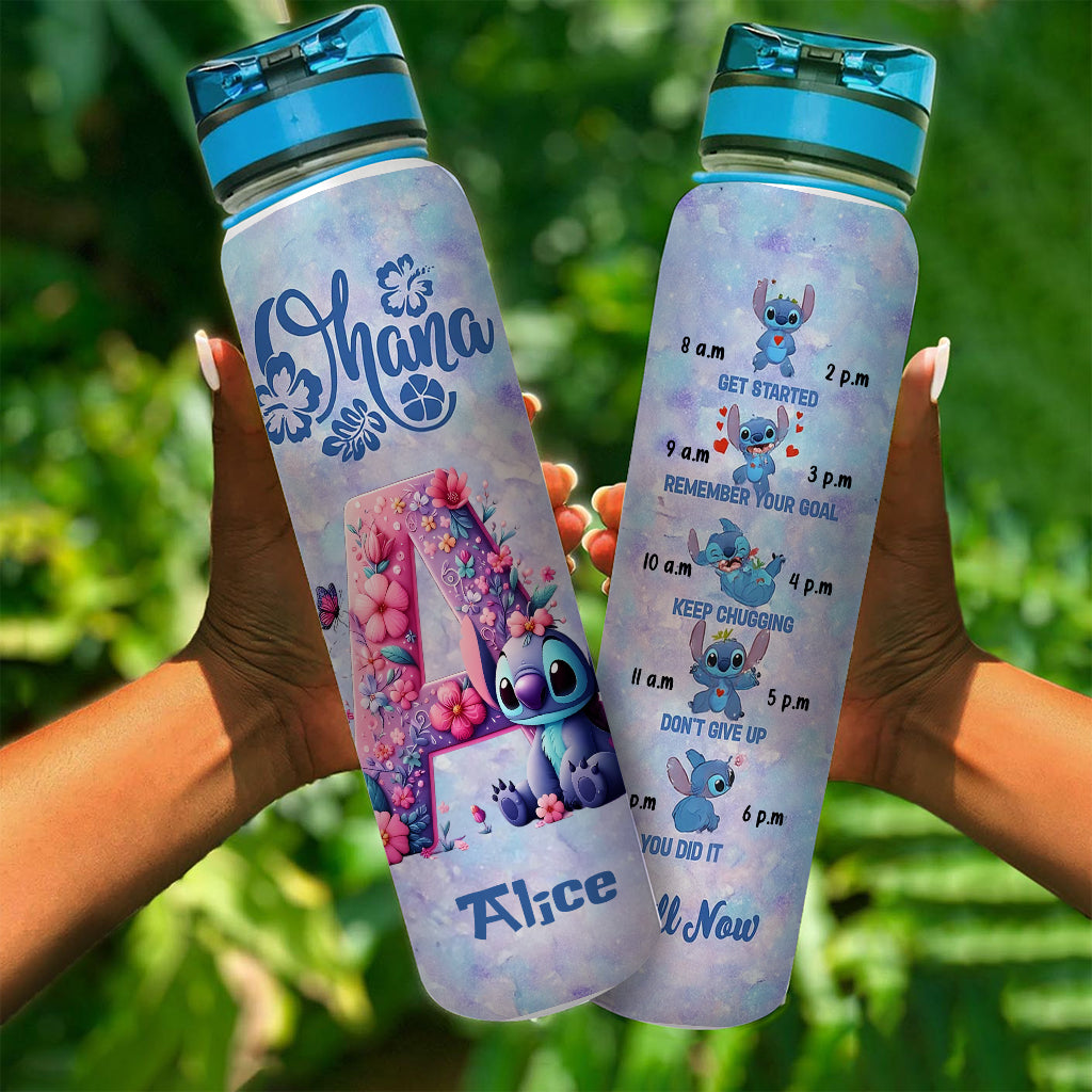 Blue Ohana Alphabet Letter Custom Name - Personalized Ohana Water Tracker Bottle