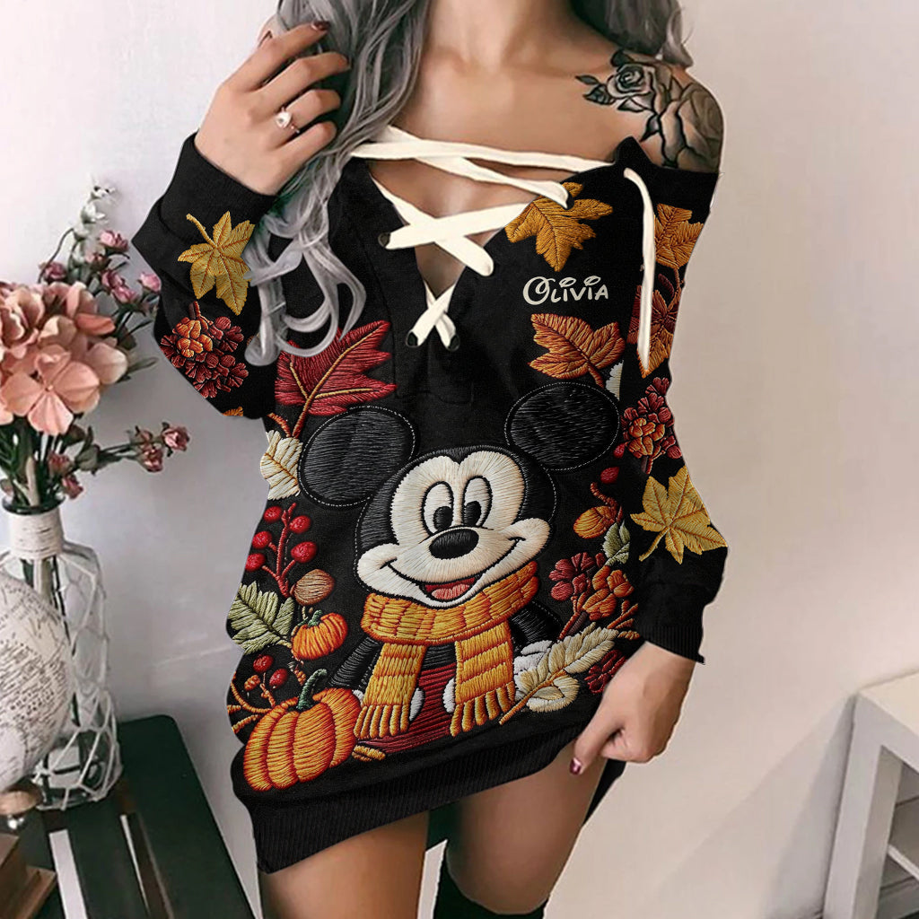 Fall Vibes - Personalized Mouse Off Shoulder Long Sleeve Dress