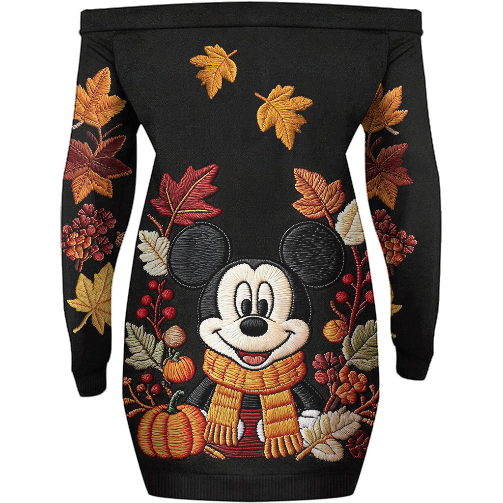 Fall Vibes - Personalized Mouse Off Shoulder Long Sleeve Dress
