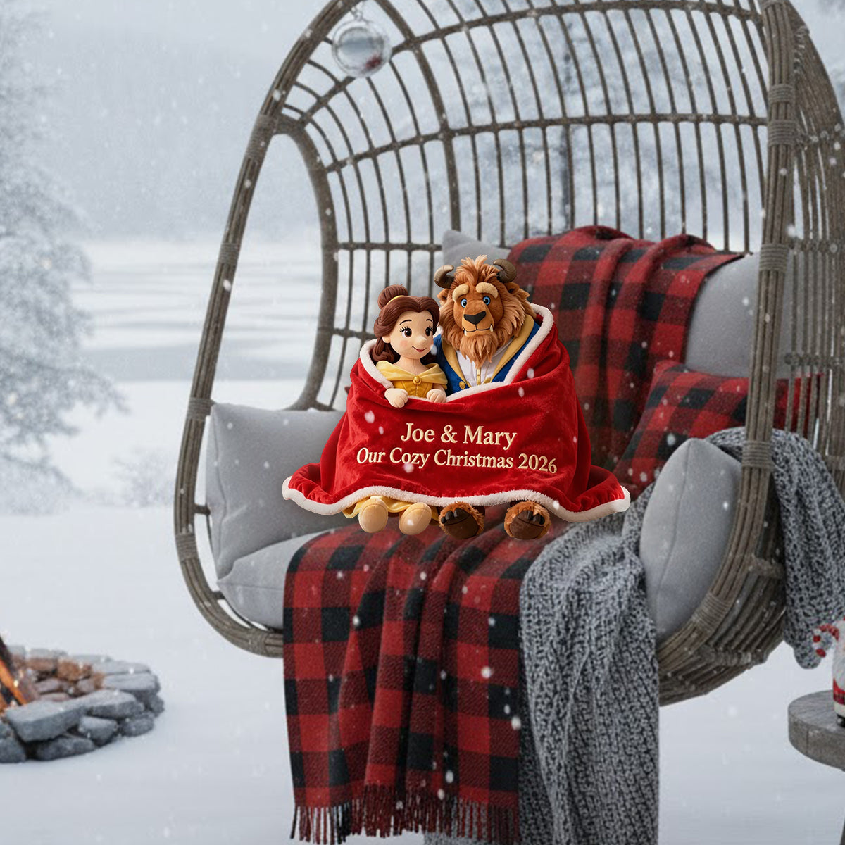 Couple Cozy Christmas - Personalized Beauty And The Beast Premium Faux Fur Pillow