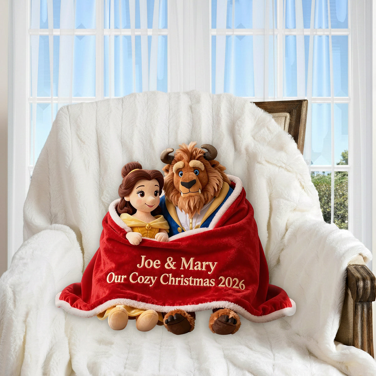 Couple Cozy Christmas - Personalized Beauty And The Beast Premium Faux Fur Pillow