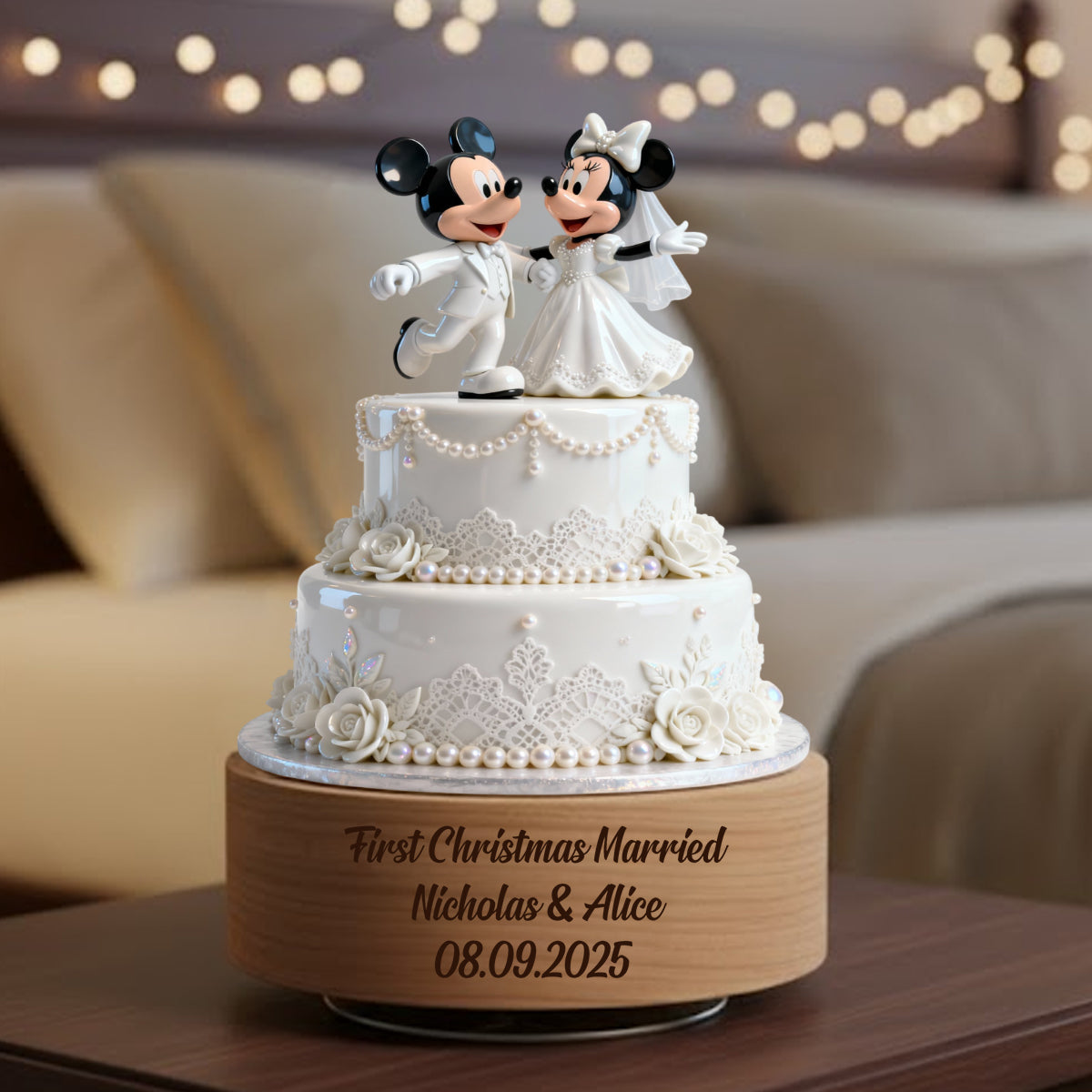 Our First Christmas Married - Wedding Cake First Christmas Married - Mouse Couple - Personalized Mouse Rotating Music Plaque