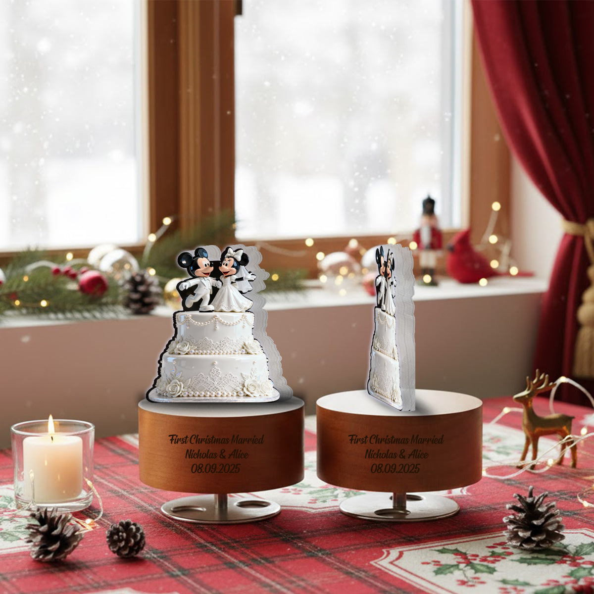 Our First Christmas Married - Wedding Cake First Christmas Married - Mouse Couple - Personalized Mouse Rotating Music Plaque