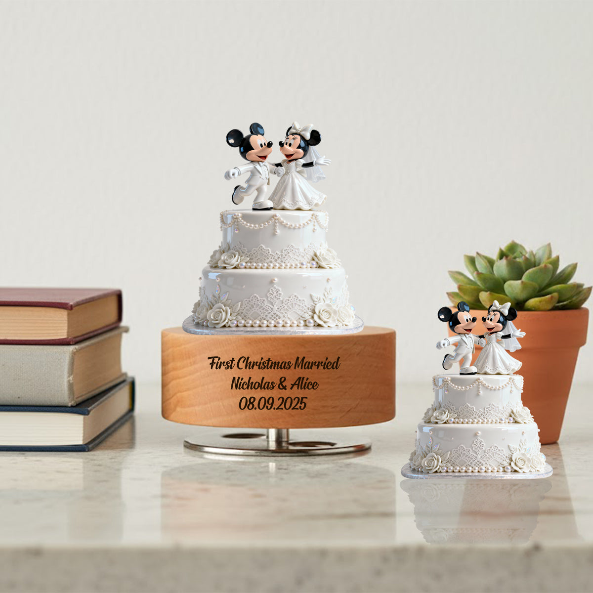 Our First Christmas Married - Wedding Cake First Christmas Married - Mouse Couple - Personalized Mouse Rotating Music Plaque
