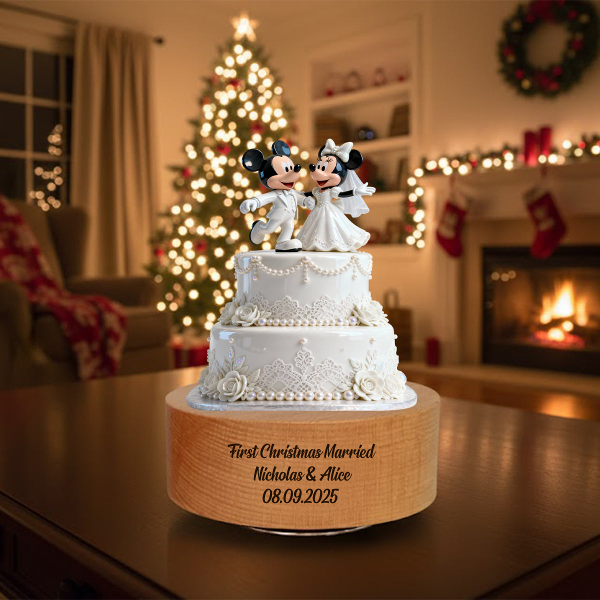 Our First Christmas Married - Wedding Cake First Christmas Married - Mouse Couple - Personalized Mouse Rotating Music Plaque