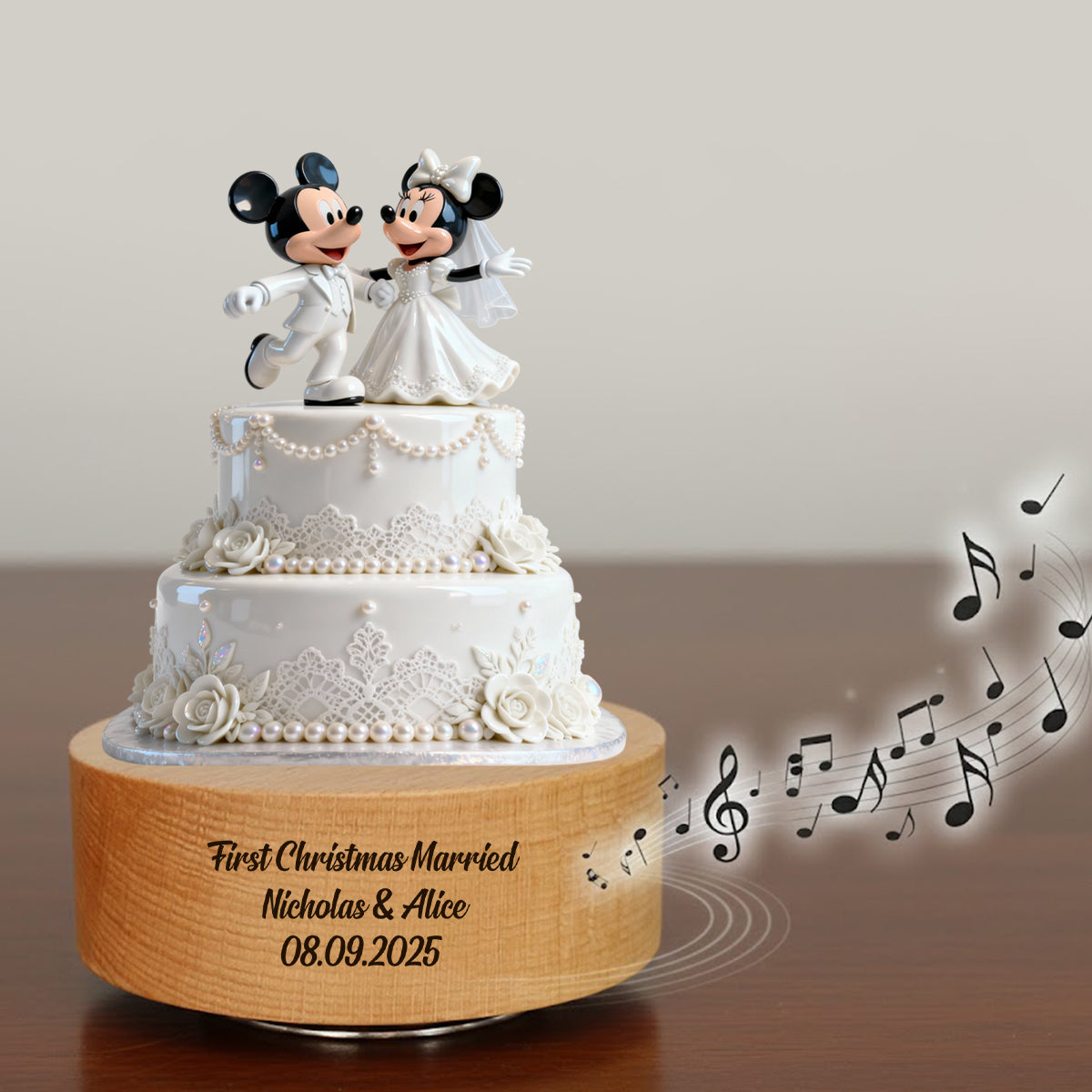 Our First Christmas Married - Wedding Cake First Christmas Married - Mouse Couple - Personalized Mouse Rotating Music Plaque