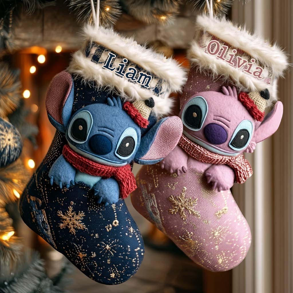 A Little Blue Alien Chaos - Personalized Ohana Shaped Christmas Stocking
