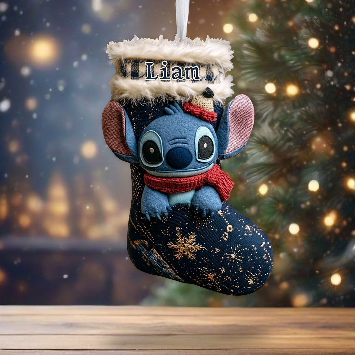 A Little Blue Alien Chaos - Personalized Ohana Shaped Christmas Stocking