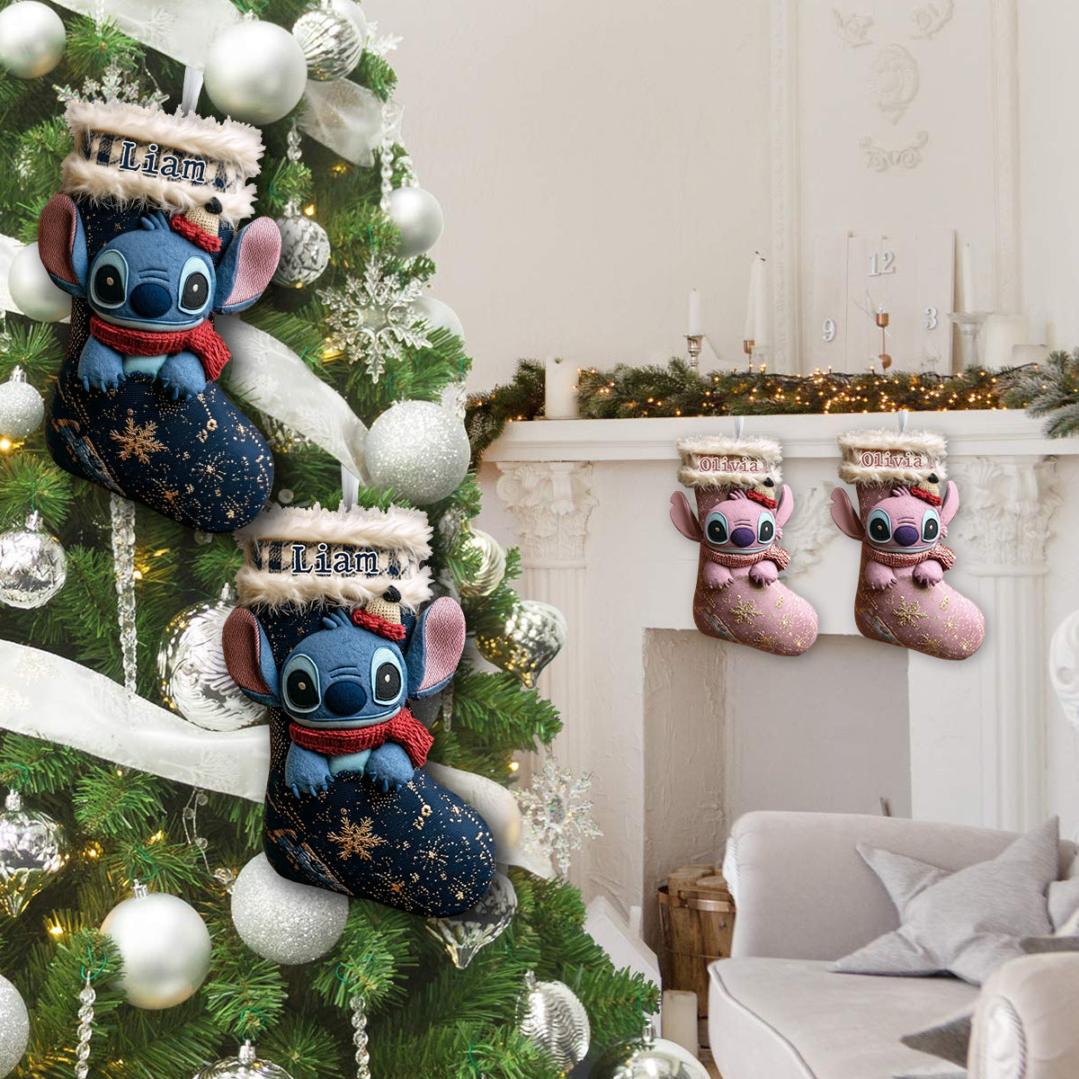 A Little Blue Alien Chaos - Personalized Ohana Shaped Christmas Stocking