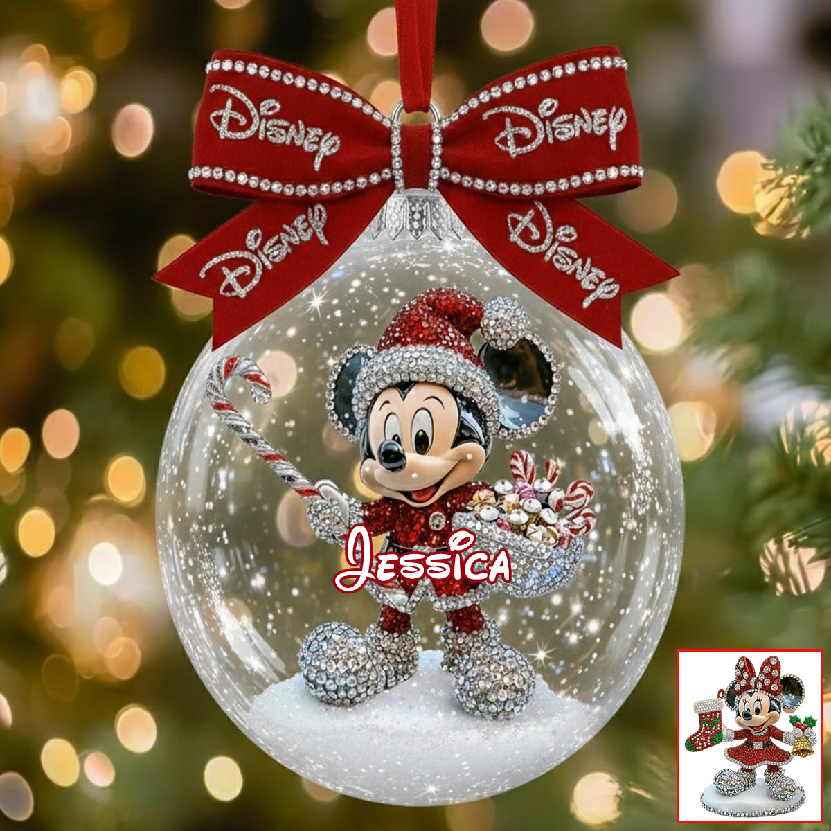Big Ears Friends - Personalized Mouse Snow Globe Ornament With Bow