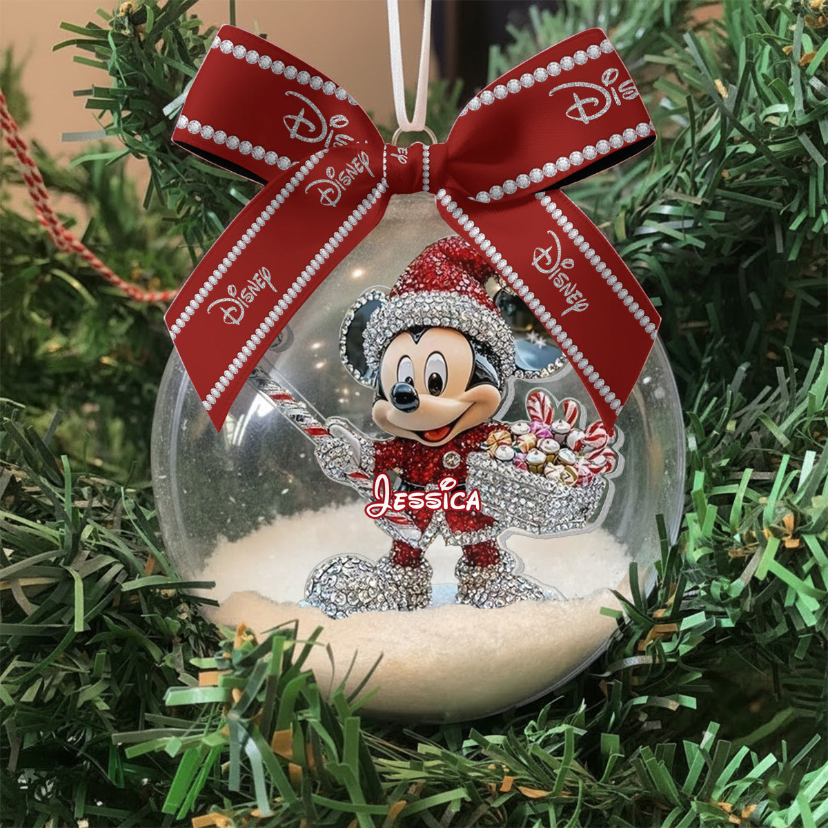Big Ears Friends - Personalized Mouse Snow Globe Ornament With Bow