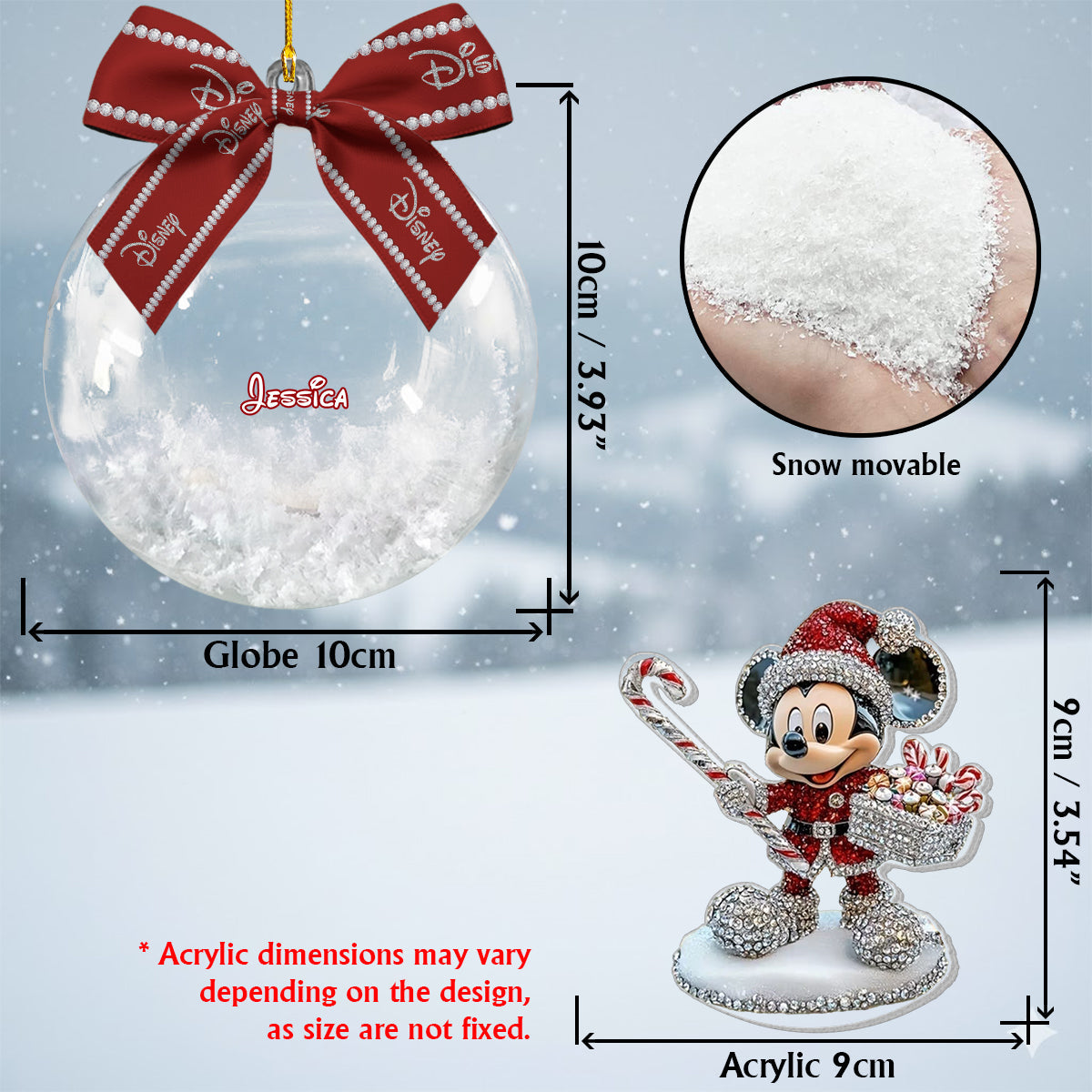 Big Ears Friends - Personalized Mouse Snow Globe Ornament With Bow