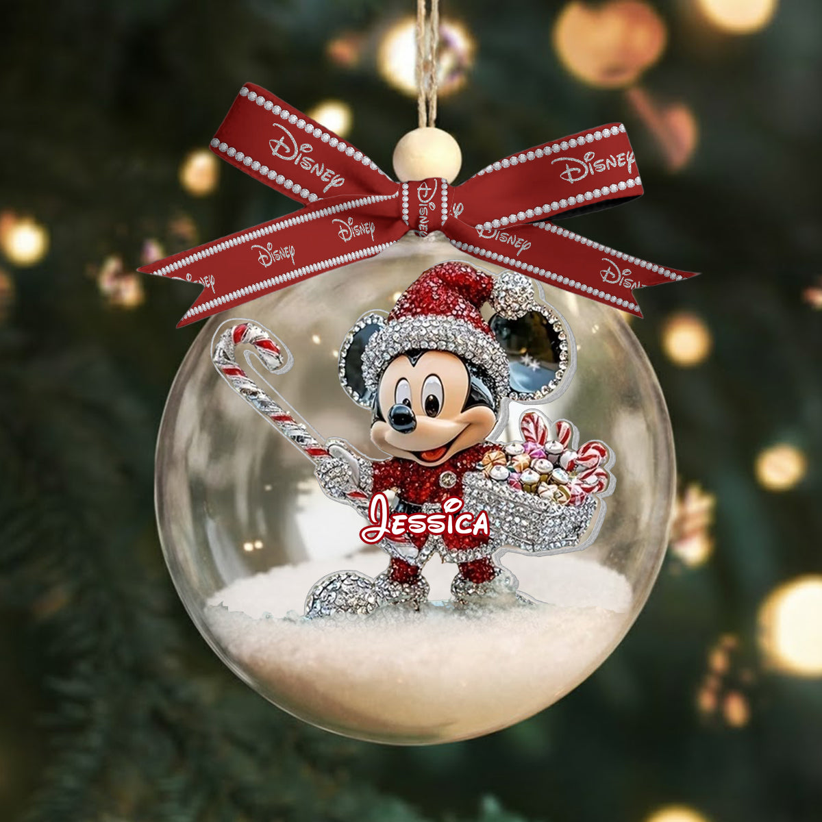 Big Ears Friends - Personalized Mouse Snow Globe Ornament With Bow