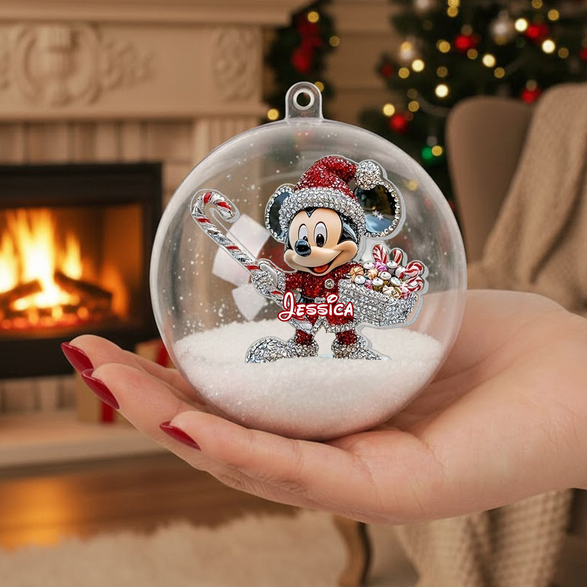 Big Ears Friends - Personalized Mouse Snow Globe Ornament With Bow