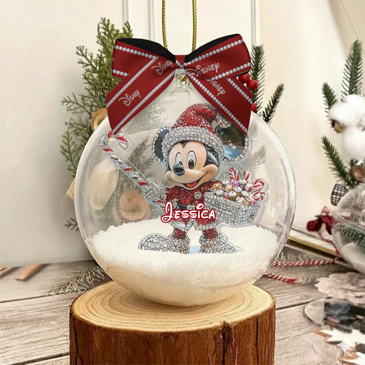 Big Ears Friends - Personalized Mouse Snow Globe Ornament With Bow