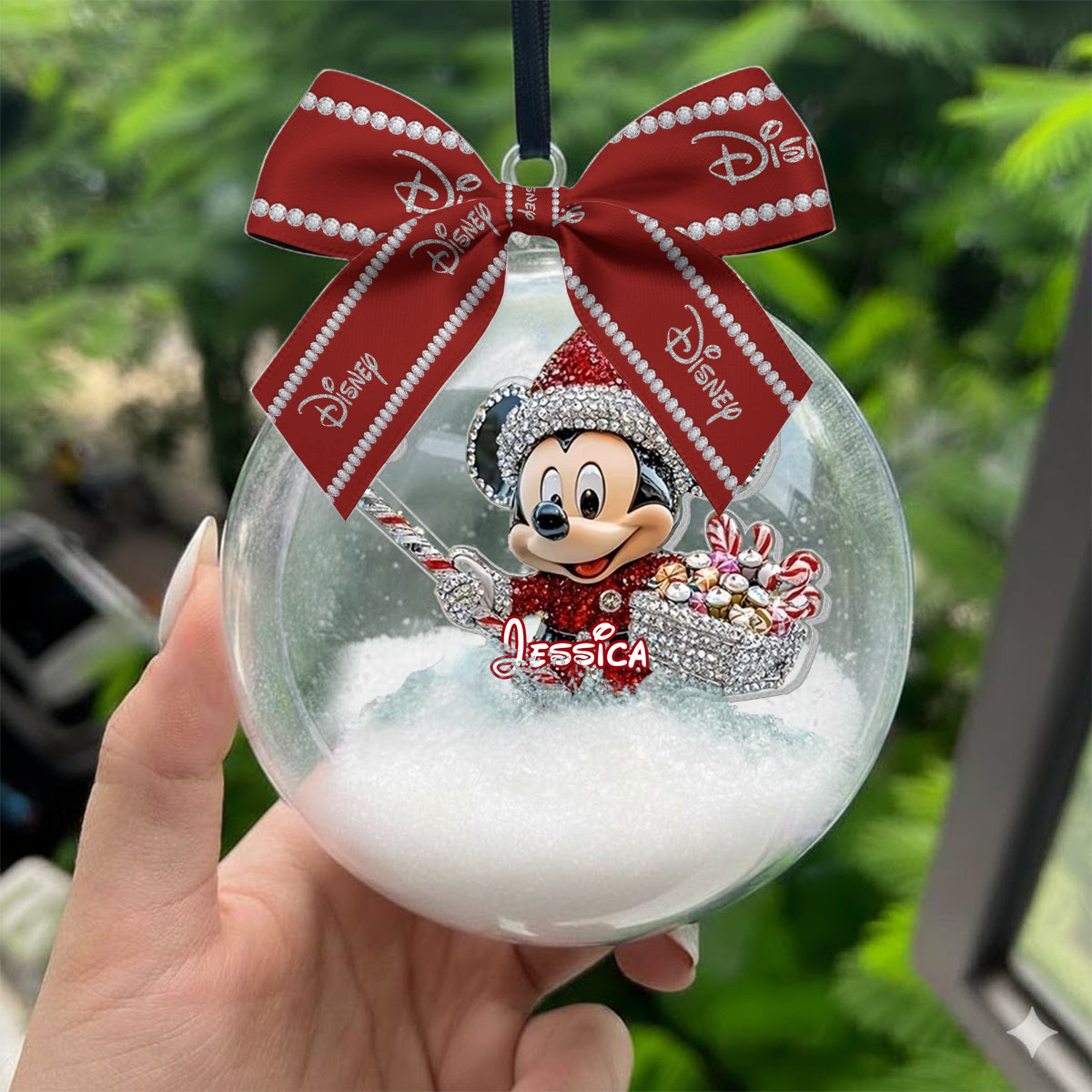 Big Ears Friends - Personalized Mouse Snow Globe Ornament With Bow