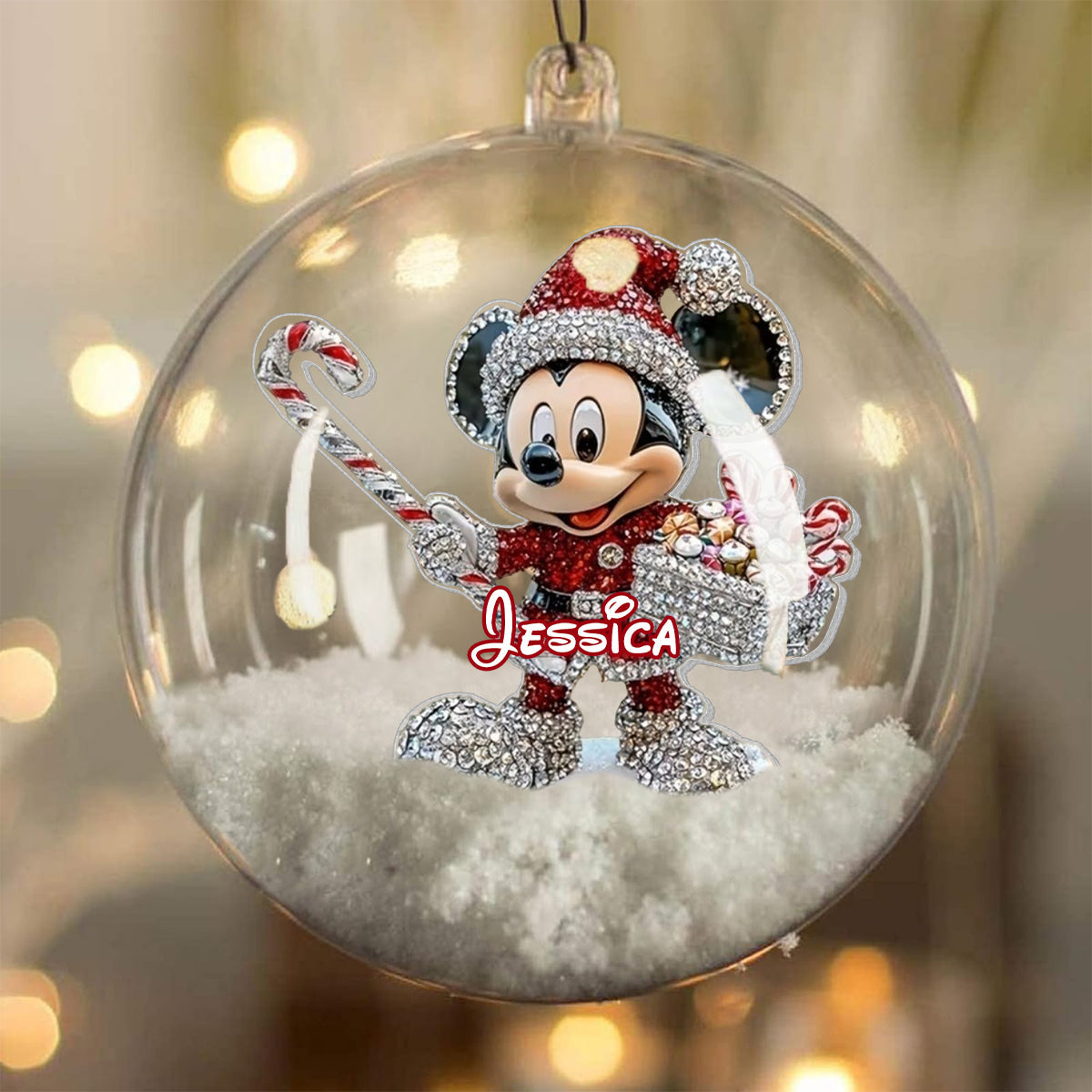 Big Ears Friends - Personalized Mouse Snow Globe Ornament With Bow