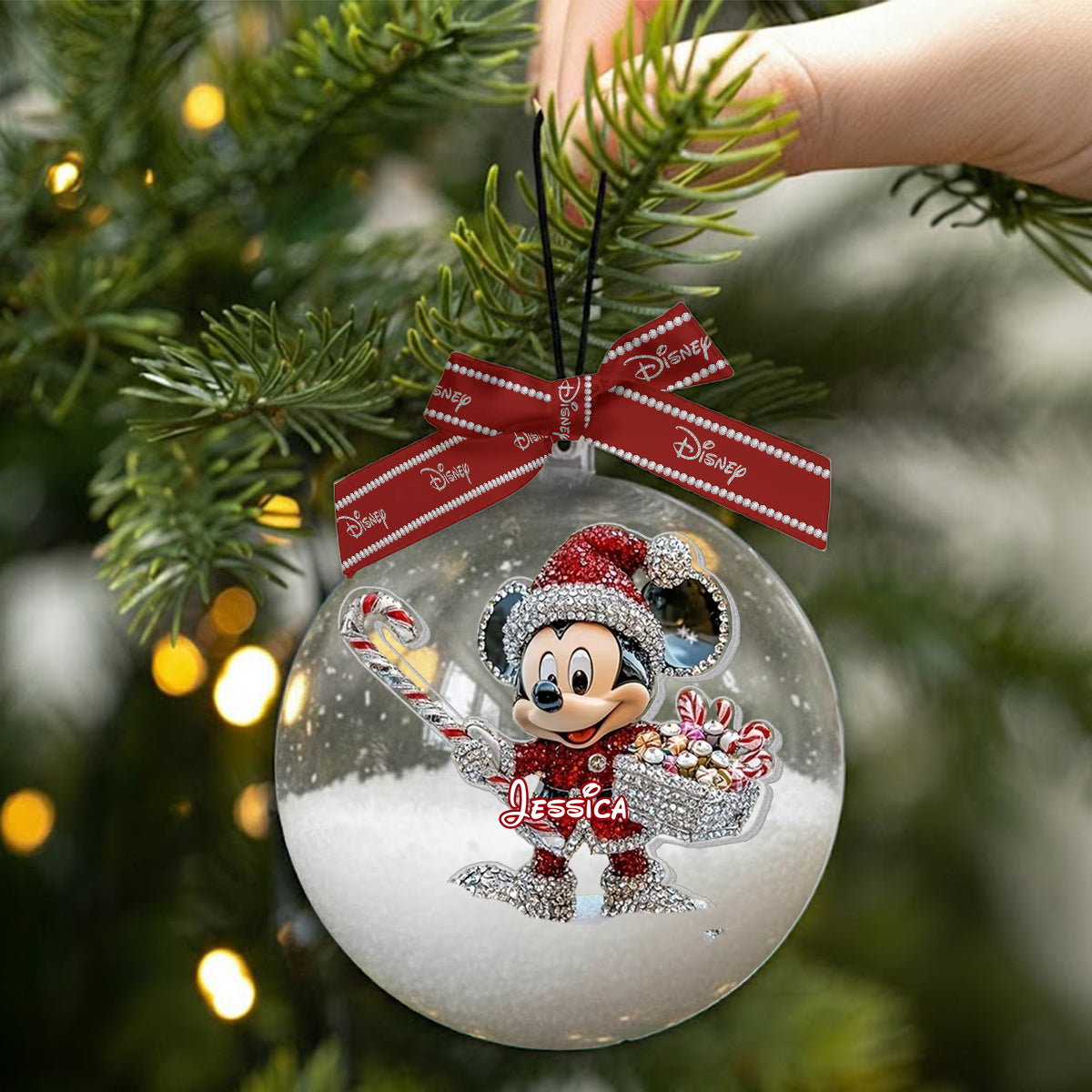 Big Ears Friends - Personalized Mouse Snow Globe Ornament With Bow