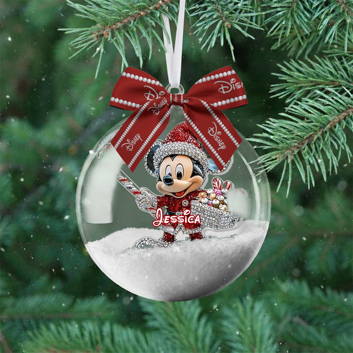 Big Ears Friends - Personalized Mouse Snow Globe Ornament With Bow