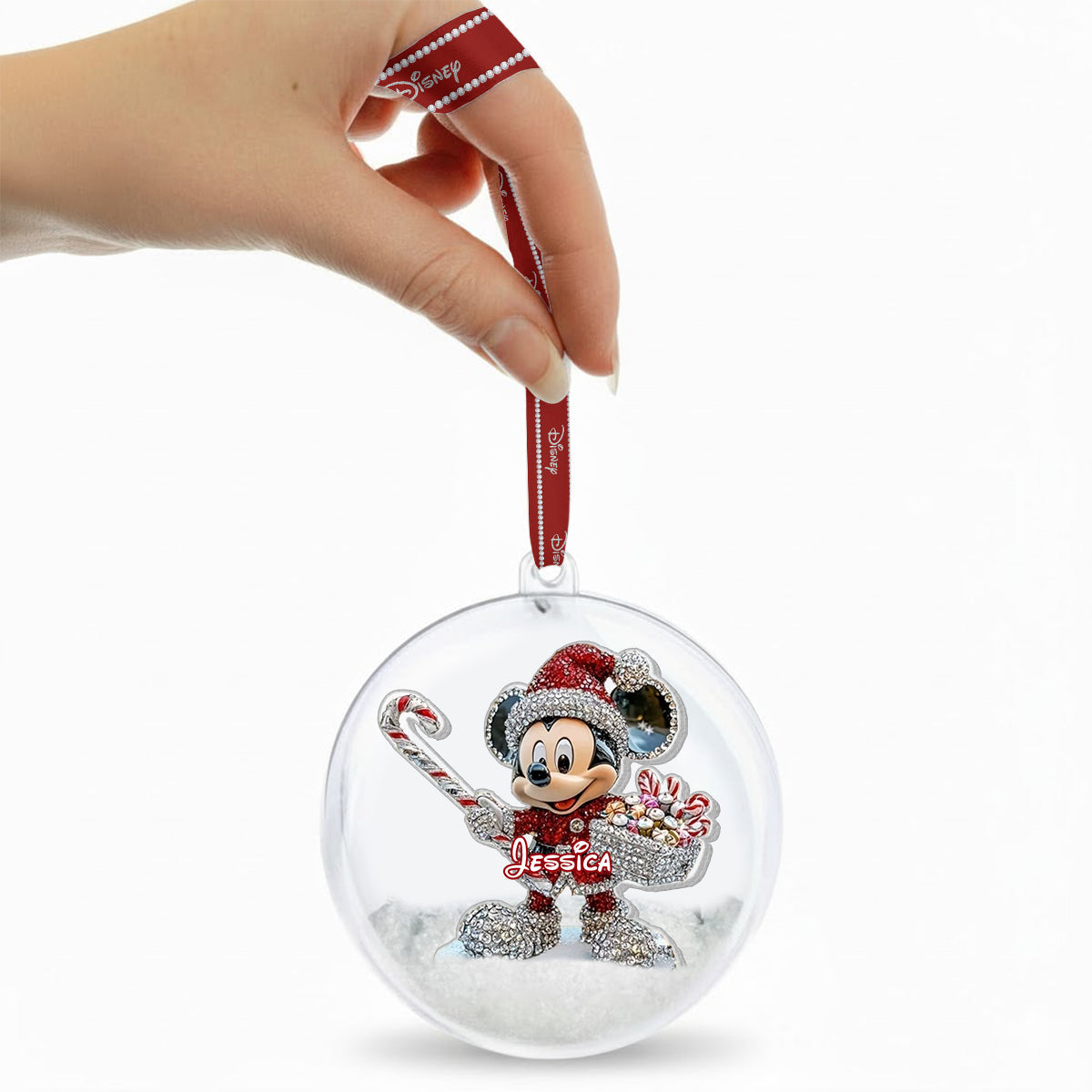 Big Ears Friends - Personalized Mouse Snow Globe Ornament With Bow