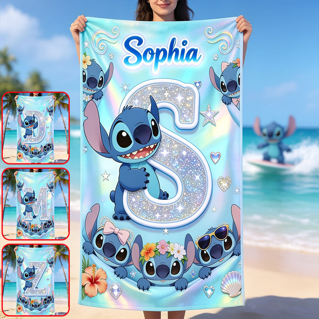 Cute Blue Alien With Letter - Personalized Ohana Quick-dry Beach Towel/ Bath Towel