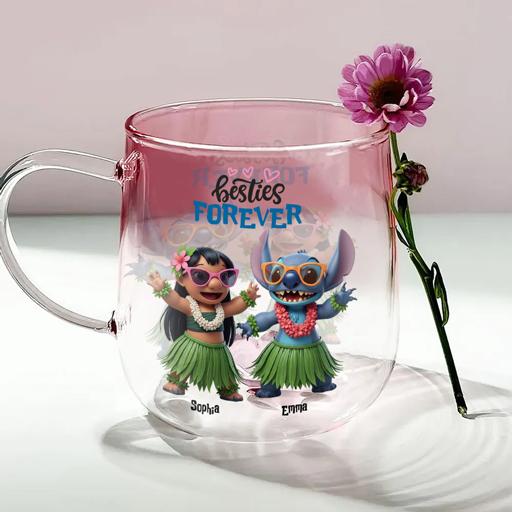Girl And Blue Monster Besties Forever - Personalized Ohana Gradient Glass Mug