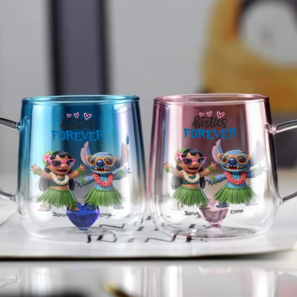 Girl And Blue Monster Besties Forever - Personalized Ohana Gradient Glass Mug