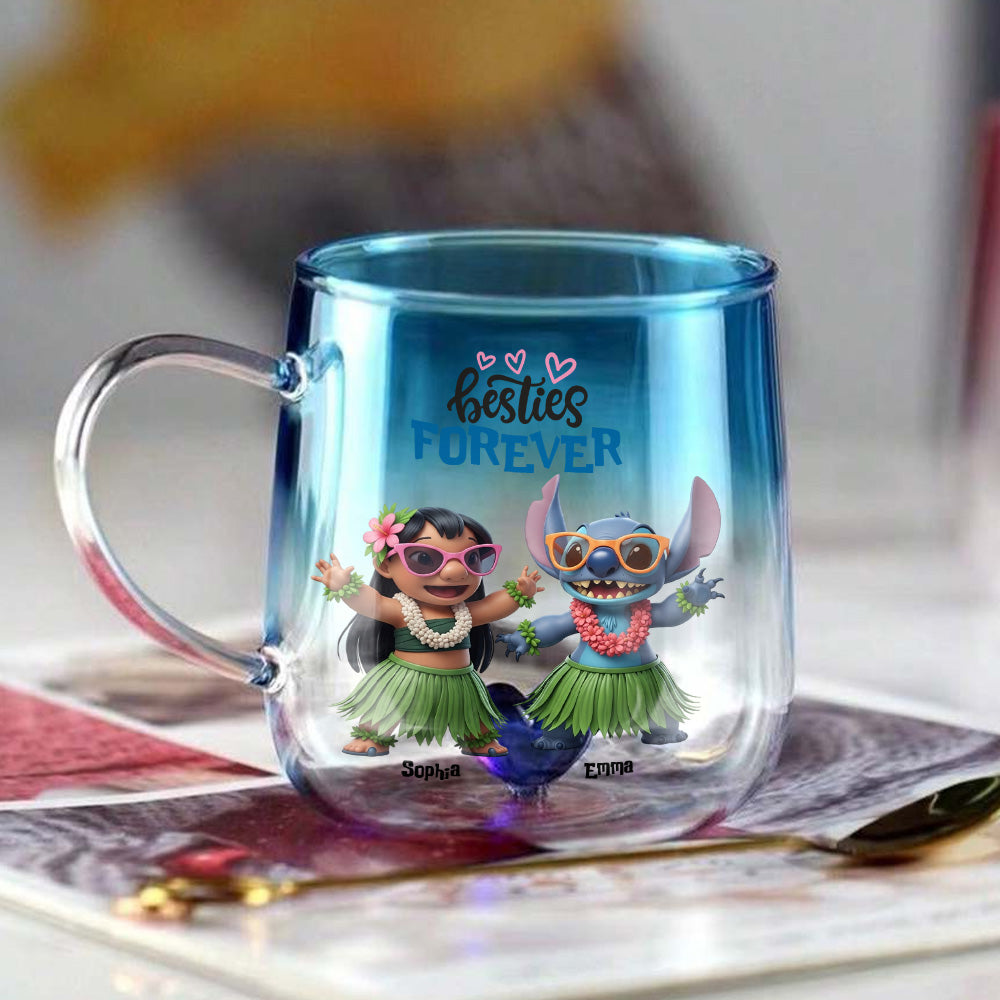 Girl And Blue Monster Besties Forever - Personalized Ohana Gradient Glass Mug