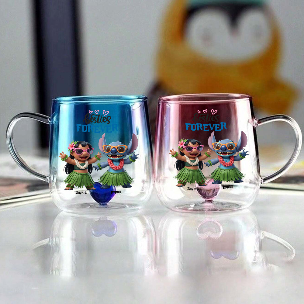 Girl And Blue Monster Besties Forever - Personalized Ohana Gradient Glass Mug