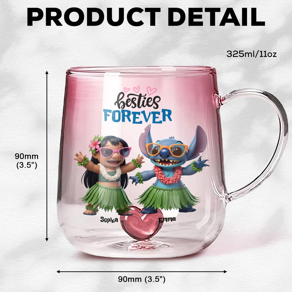 Girl And Blue Monster Besties Forever - Personalized Ohana Gradient Glass Mug