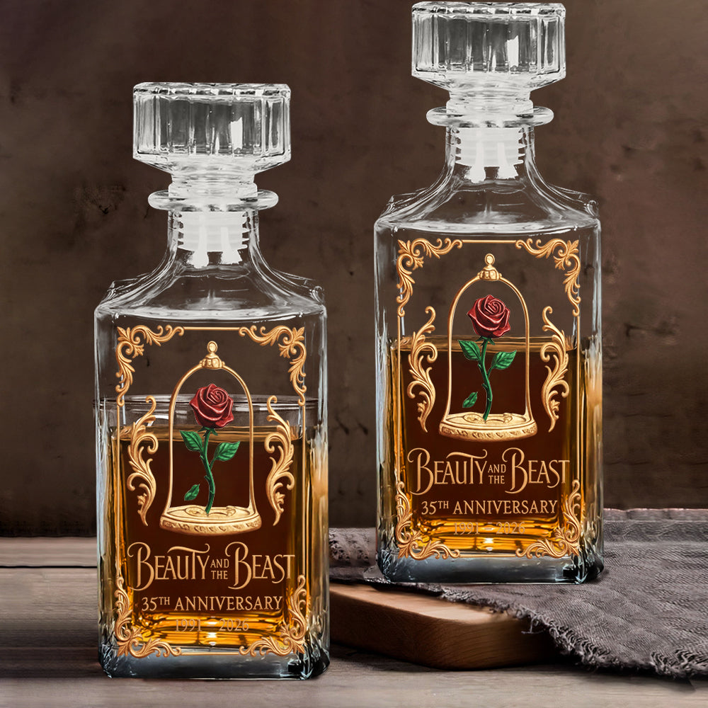 Princess And Her Beast 35th Anniversary - Personalized Beauty And The Beast Whiskey Decanter Set