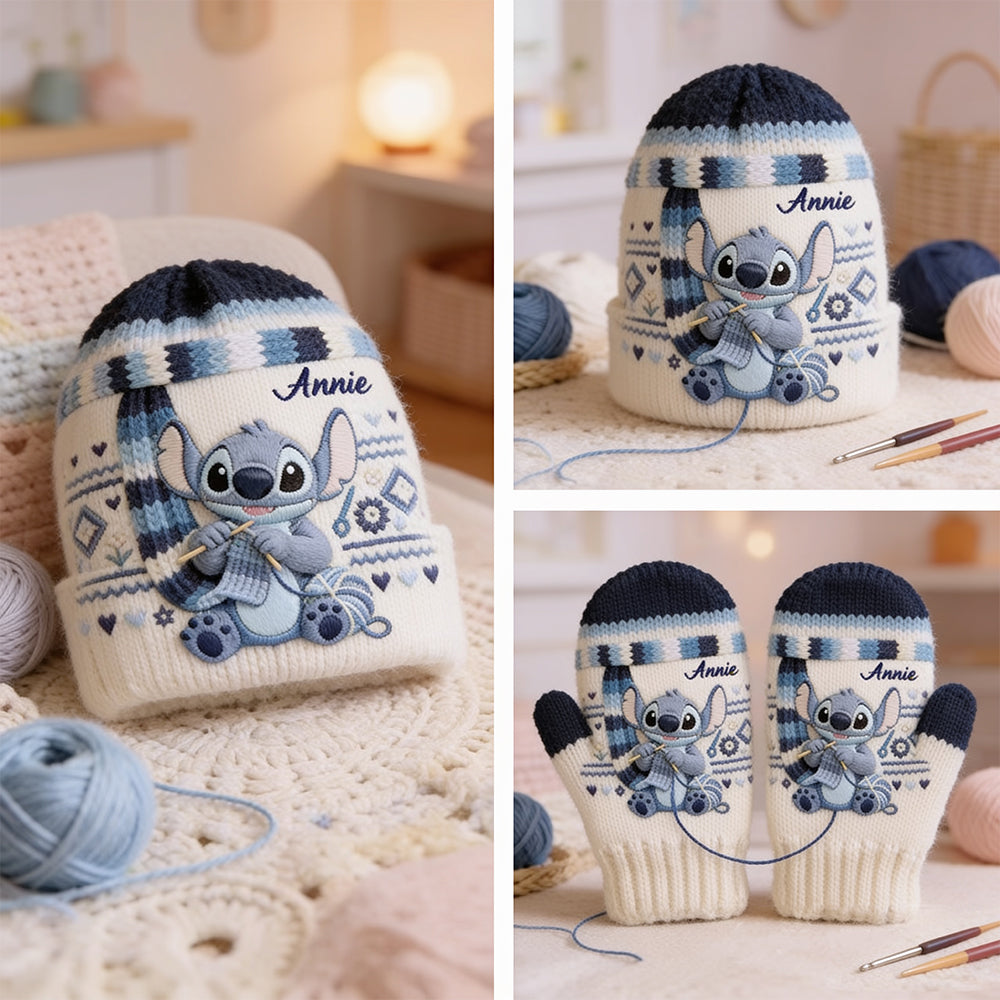 SHH I'm Crocheting - Personalized Ohana Beanie Hat & Knitted Mittens