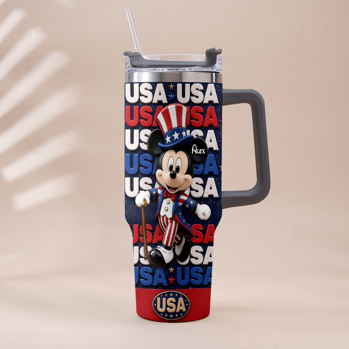 Cartoon Mouse USA Pride, 4th of July - Personalized Mouse Tumbler With Plush Charm