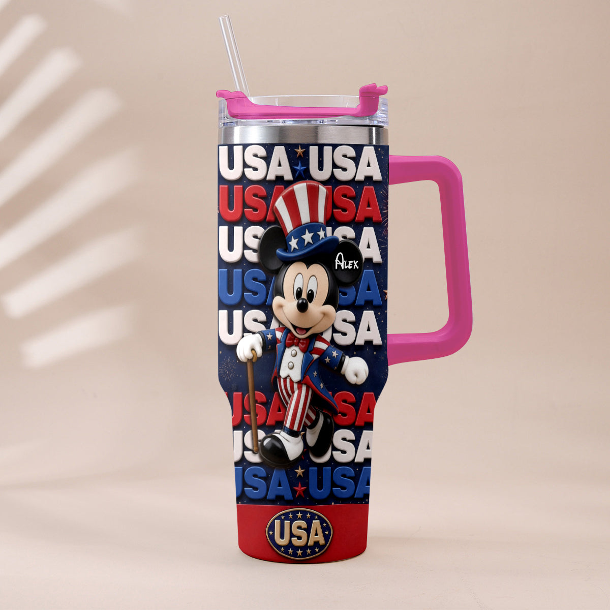 Cartoon Mouse USA Pride, 4th of July - Personalized Mouse Tumbler With Plush Charm